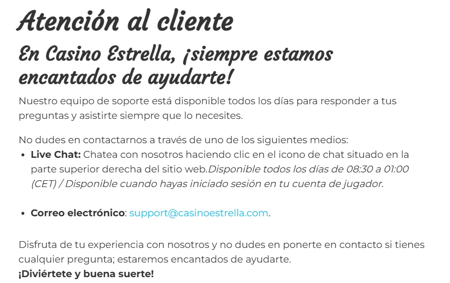 Atención al cliente de Casino Estrella